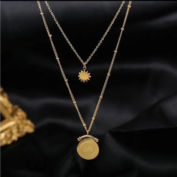 New 18k Gold Plated Vintage Diamond Coin Star Double Layer Necklace - Picture 6 of 14
